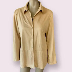 Finity New Vintage Faux Suede Long Sleeve Shirt Jacket Snap Buttons Size L Camel